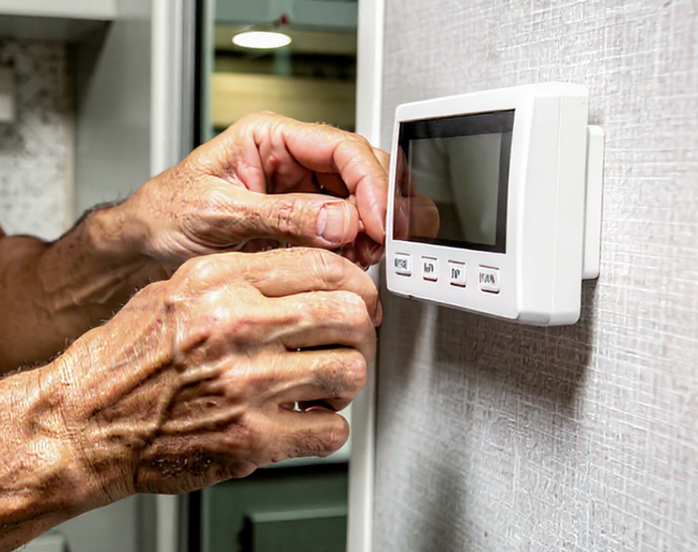 RV technician hands working on thermostat