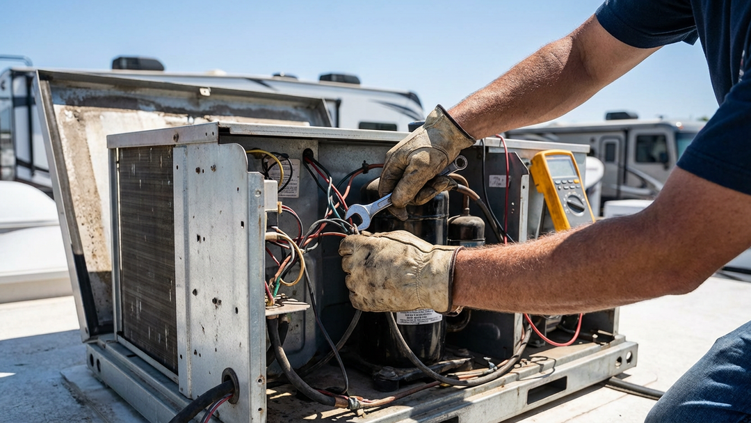 RVIA-certified technician servicing rooftop AC unit
